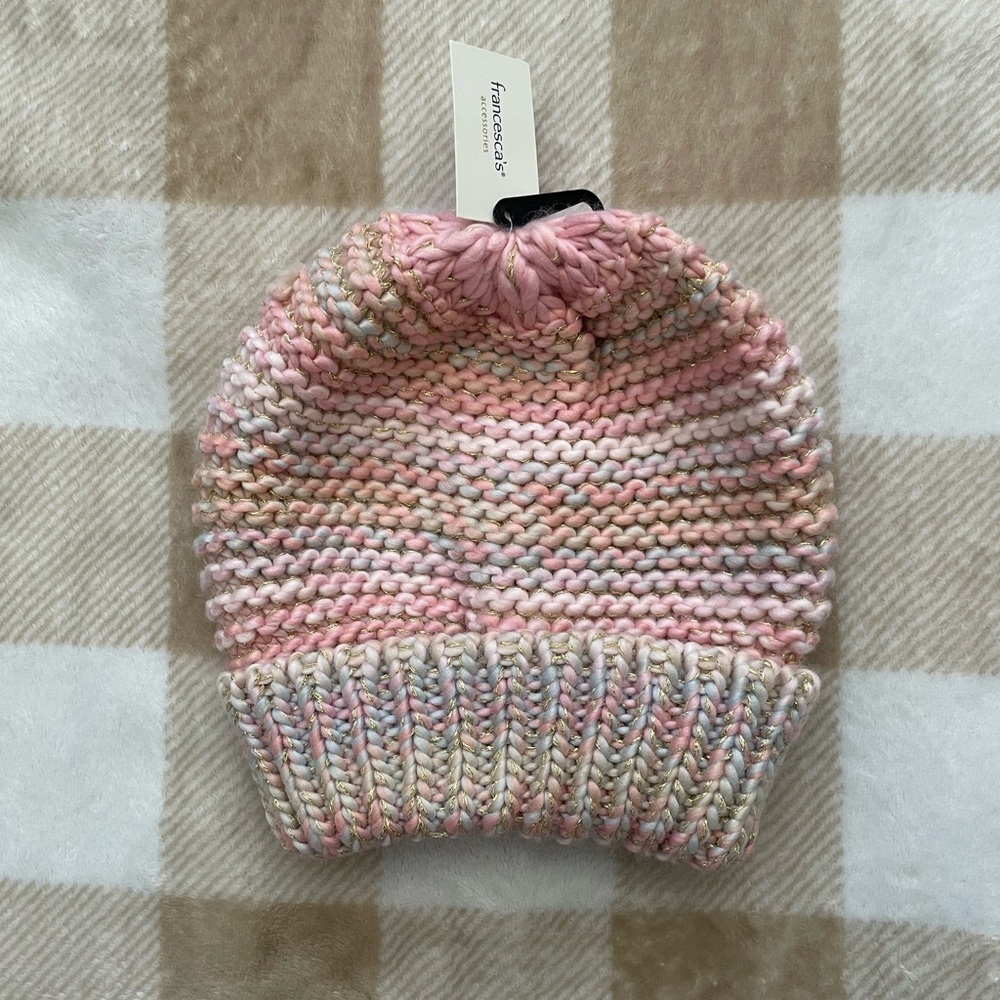 NWT Francesca's Collections Pastel Pink Multicolor Gold Knit Beanie for Juniors